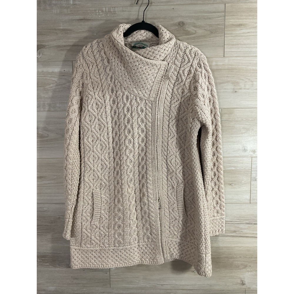 Aran Crafts Sweater Womens L Beige Merino Wool Cable Knit Celtic Knot Side Zip